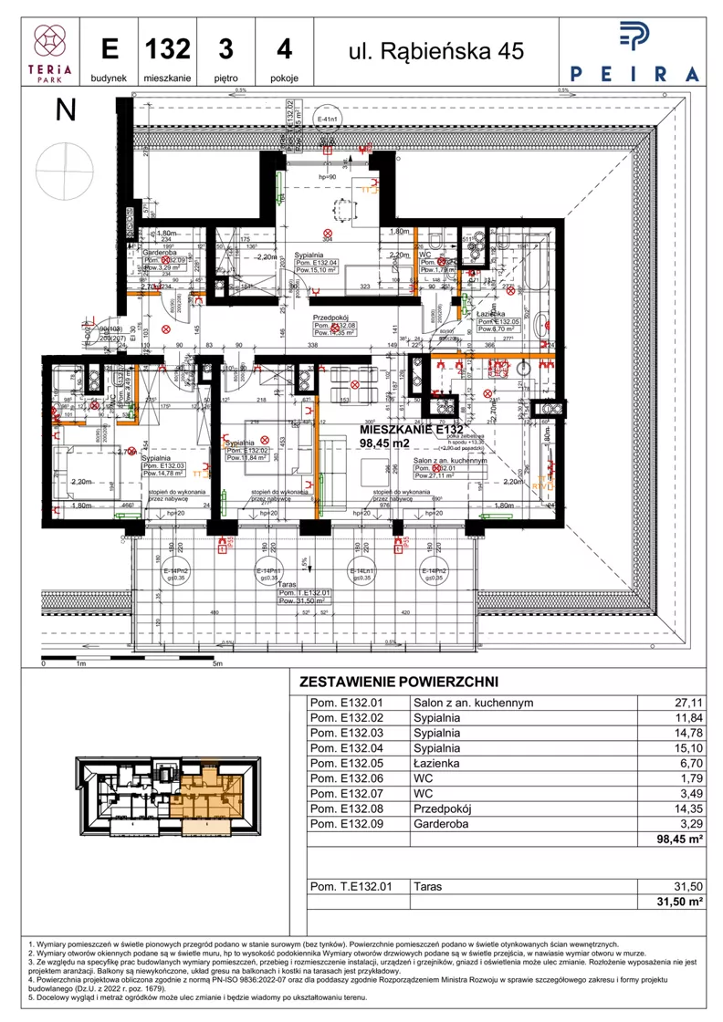 4 pokoje, mieszkanie 98,45 m², piętro 3, oferta nr E132, Teria Park, Łódź, Polesie, Złotno, ul. Rąbieńska 45