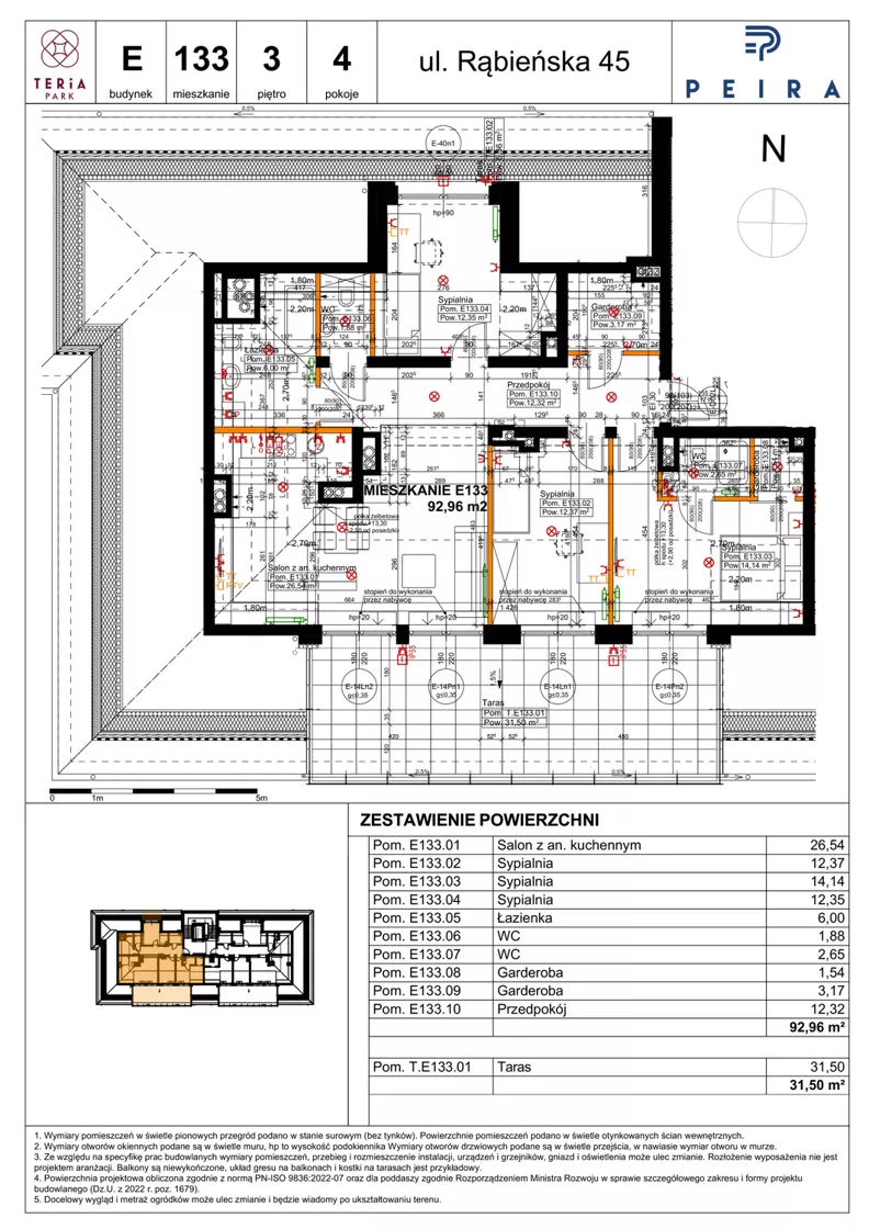 4 pokoje, mieszkanie 92,96 m², piętro 3, oferta nr E133, Teria Park, Łódź, Polesie, Złotno, ul. Rąbieńska 45