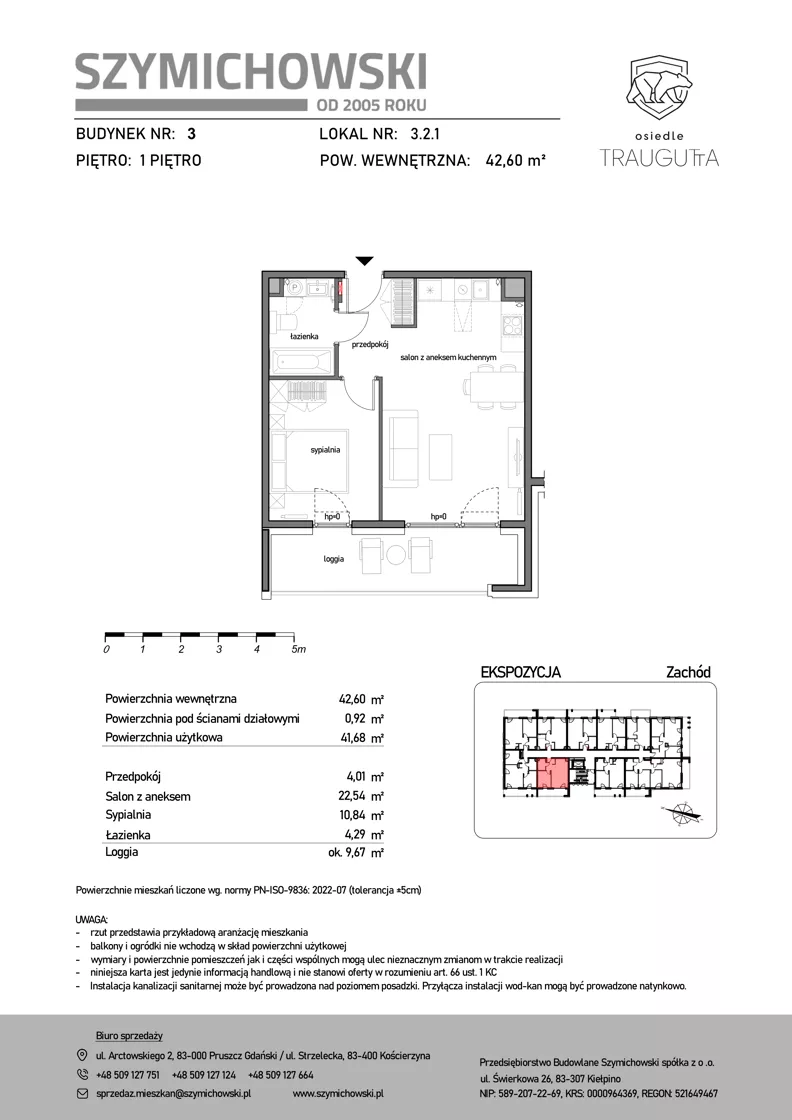 2 pokoje, mieszkanie 42,60 m², piętro 1, oferta nr B3.2.1, Osiedle Traugutta, Kościerzyna, ul. Traugutta