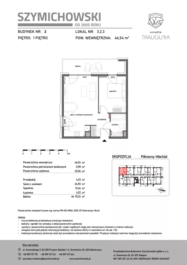 2 pokoje, mieszkanie 46,54 m², piętro 1, oferta nr B3.2.3, Osiedle Traugutta, Kościerzyna, ul. Traugutta