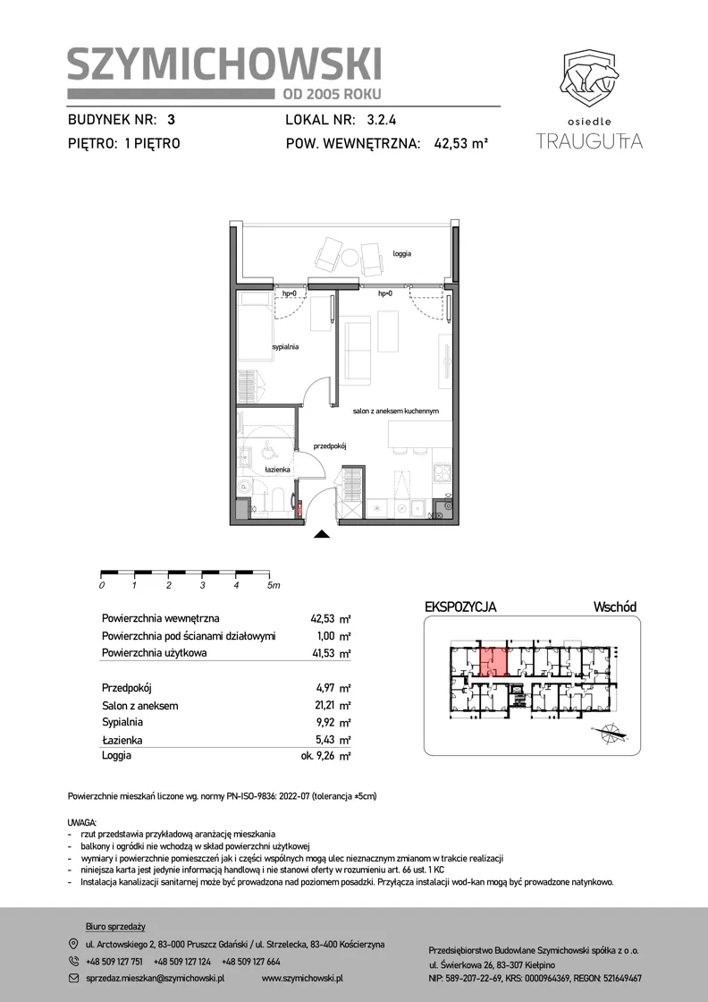 2 pokoje, mieszkanie 42,53 m², piętro 1, oferta nr B3.2.4, Osiedle Traugutta, Kościerzyna, ul. Traugutta