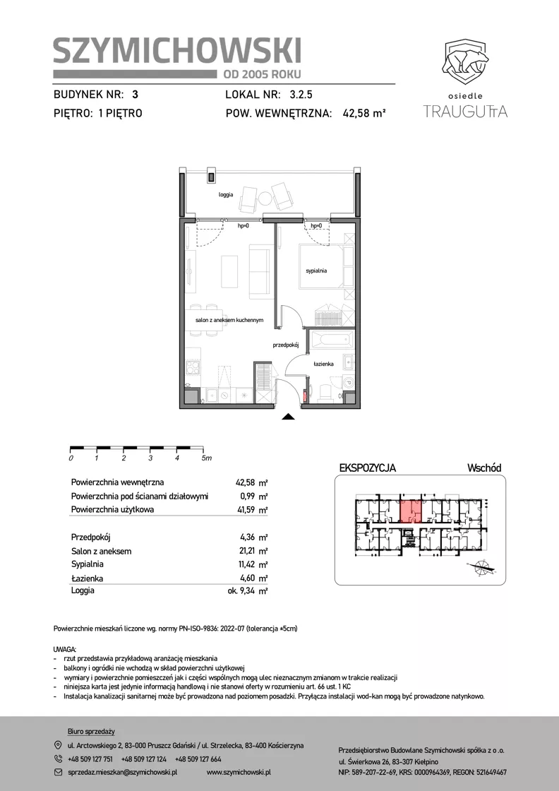 2 pokoje, mieszkanie 42,58 m², piętro 1, oferta nr B3.2.5, Osiedle Traugutta, Kościerzyna, ul. Traugutta