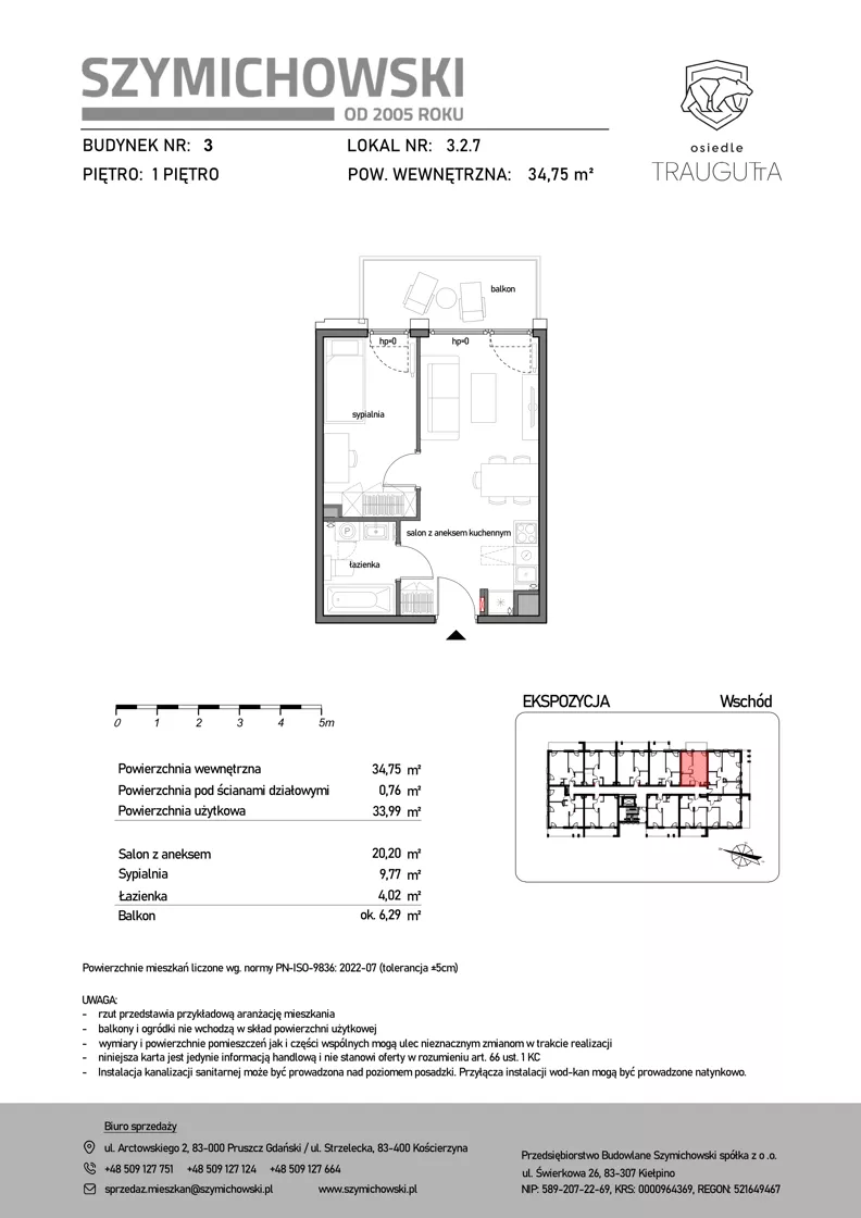 2 pokoje, mieszkanie 34,75 m², piętro 1, oferta nr B3.2.7, Osiedle Traugutta, Kościerzyna, ul. Traugutta