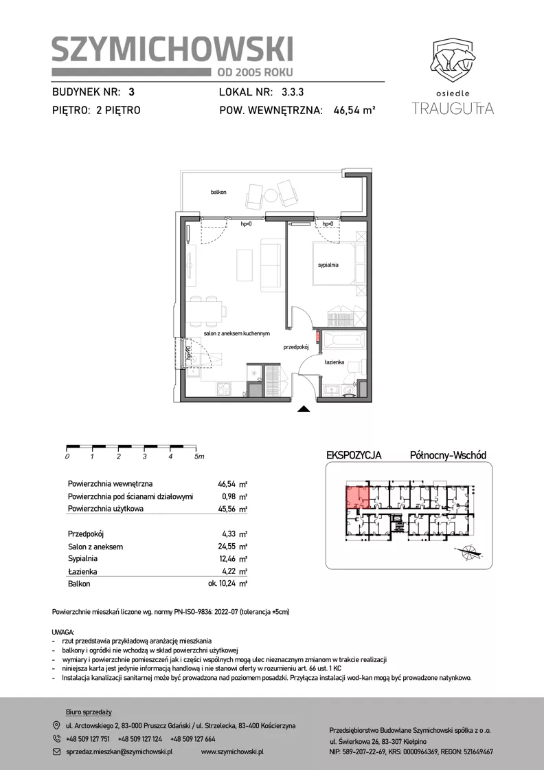 2 pokoje, mieszkanie 46,54 m², piętro 2, oferta nr B3.3.3, Osiedle Traugutta, Kościerzyna, ul. Traugutta