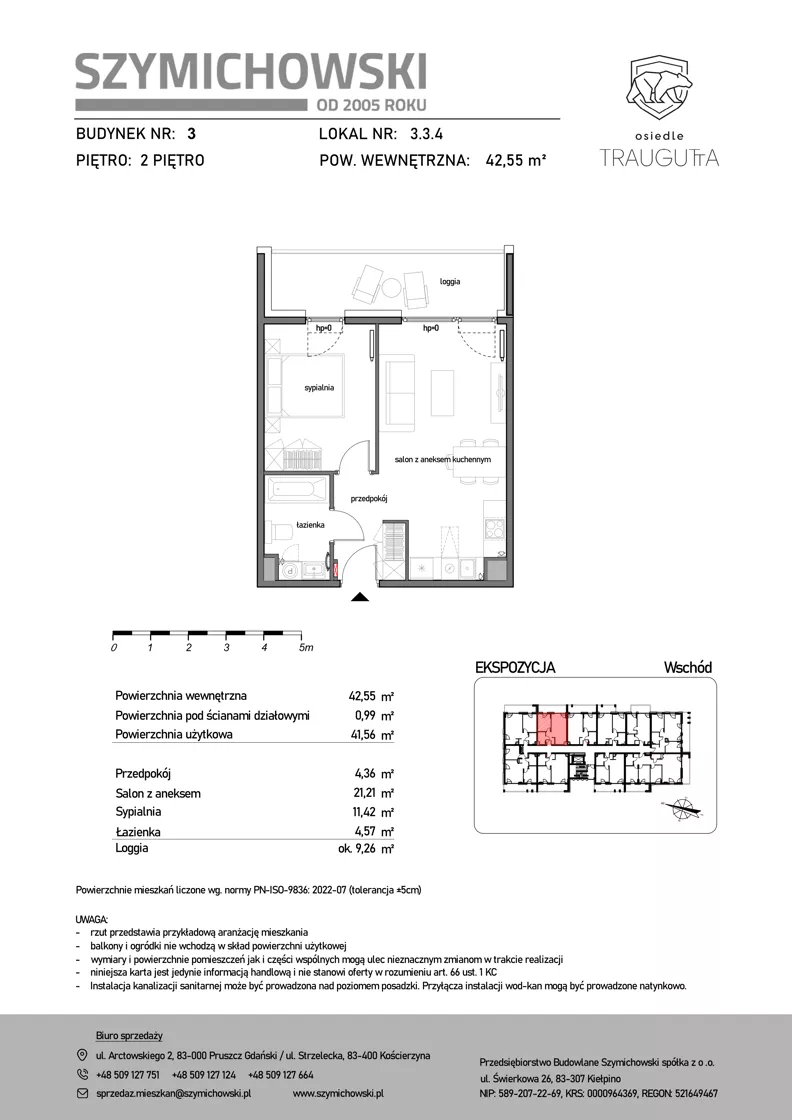 2 pokoje, mieszkanie 42,55 m², piętro 2, oferta nr B3.3.4, Osiedle Traugutta, Kościerzyna, ul. Traugutta