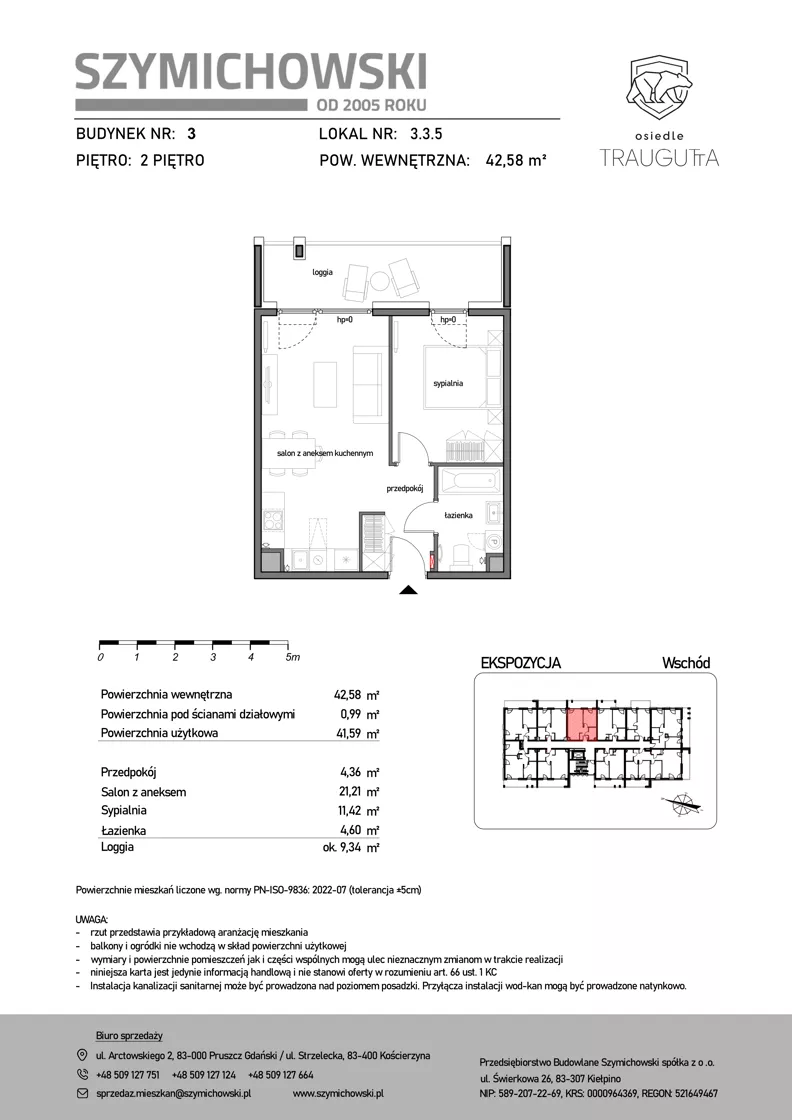 2 pokoje, mieszkanie 42,58 m², piętro 2, oferta nr B3.3.5, Osiedle Traugutta, Kościerzyna, ul. Traugutta