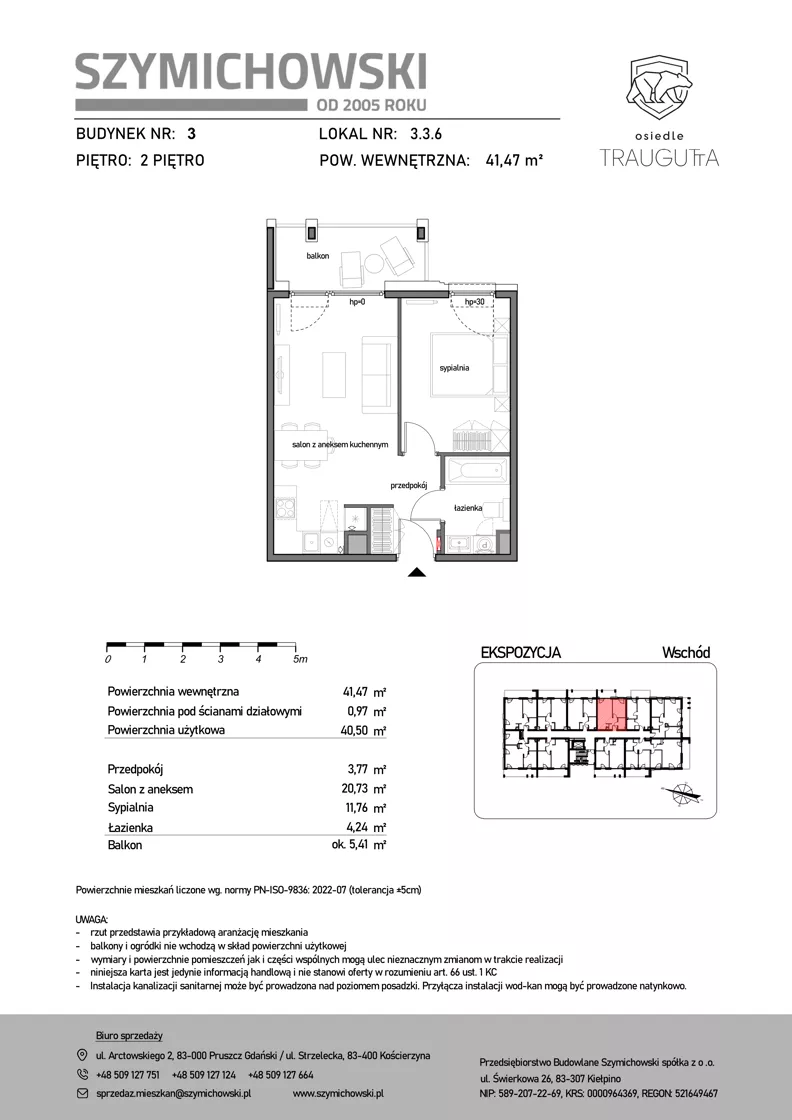 2 pokoje, mieszkanie 41,47 m², piętro 2, oferta nr B3.3.6, Osiedle Traugutta, Kościerzyna, ul. Traugutta