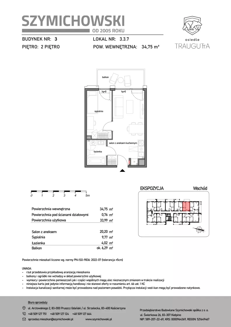 2 pokoje, mieszkanie 34,75 m², piętro 2, oferta nr B3.3.7, Osiedle Traugutta, Kościerzyna, ul. Traugutta