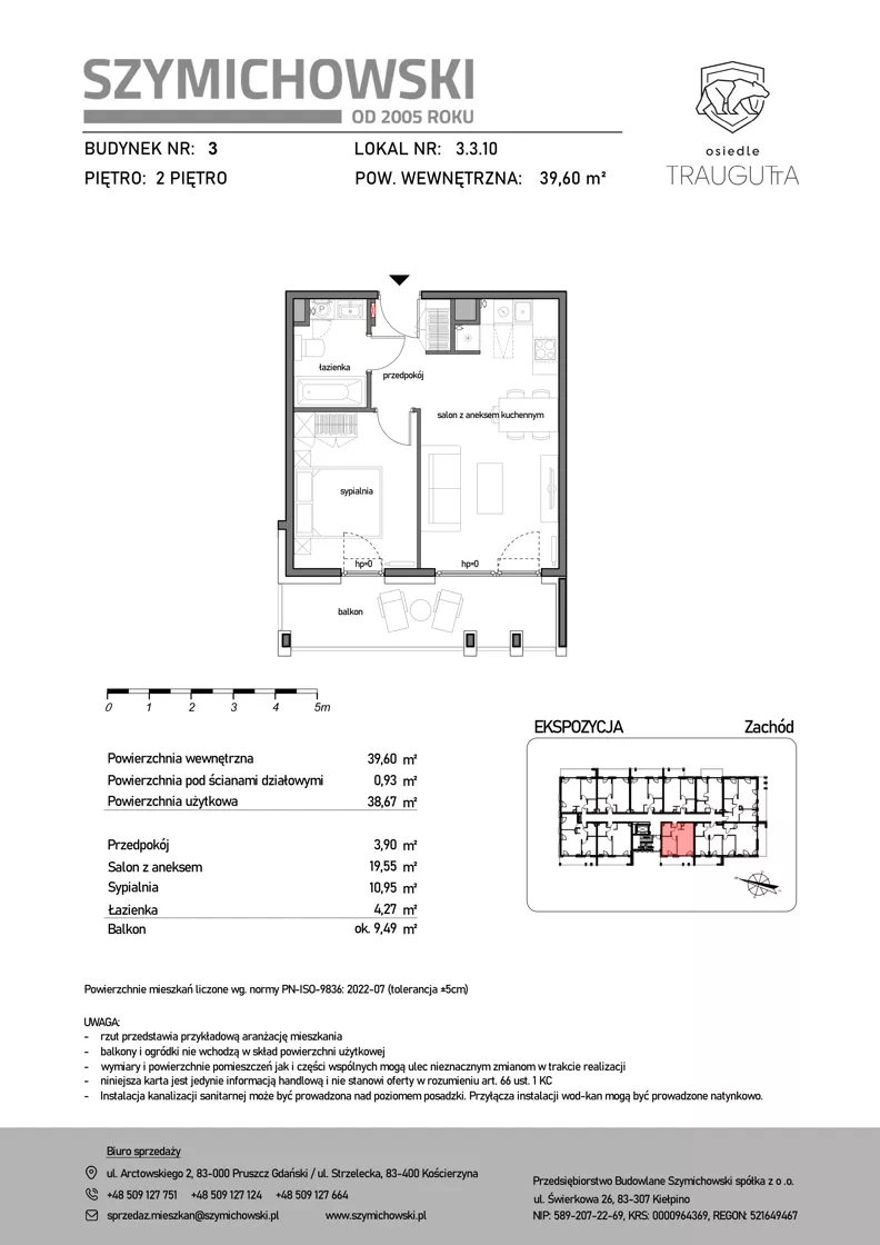2 pokoje, mieszkanie 39,60 m², piętro 2, oferta nr B3.3.10, Osiedle Traugutta, Kościerzyna, ul. Traugutta