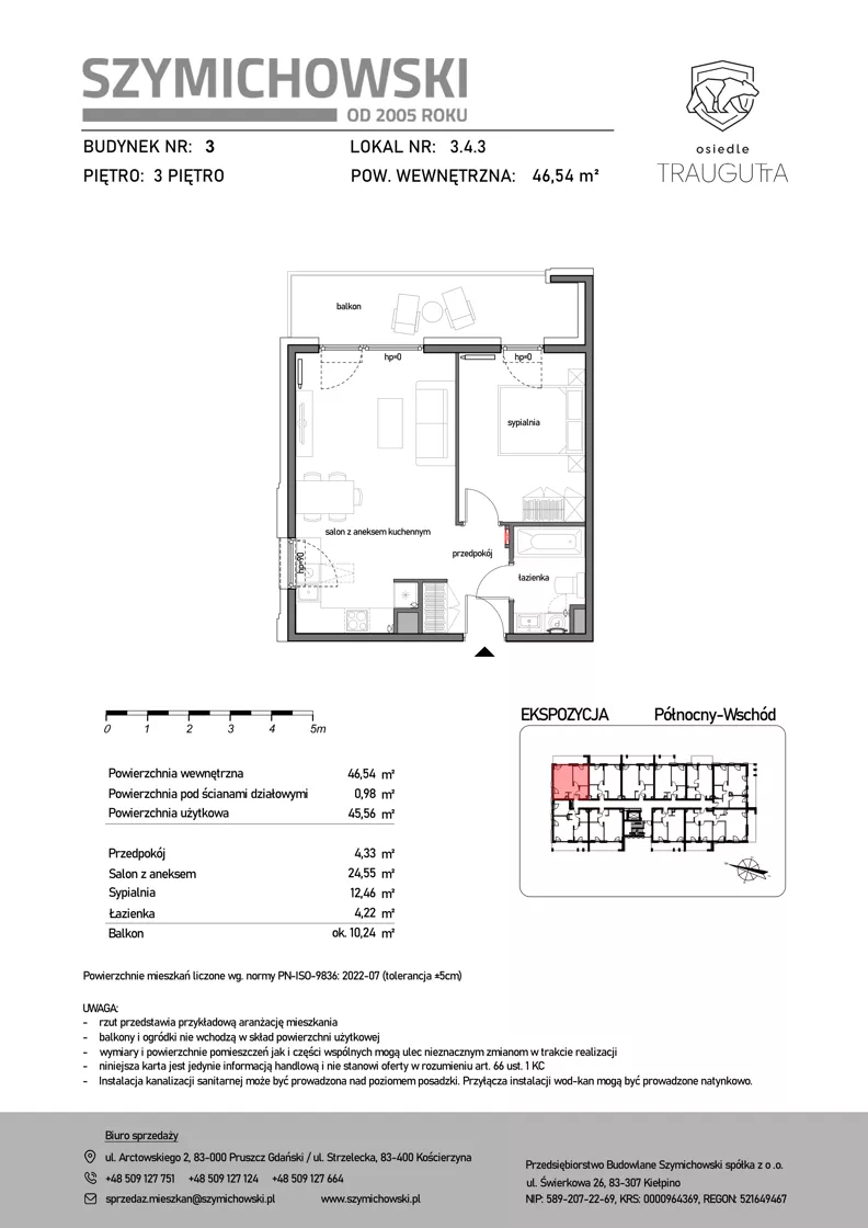 2 pokoje, mieszkanie 46,54 m², piętro 3, oferta nr B3.4.3, Osiedle Traugutta, Kościerzyna, ul. Traugutta