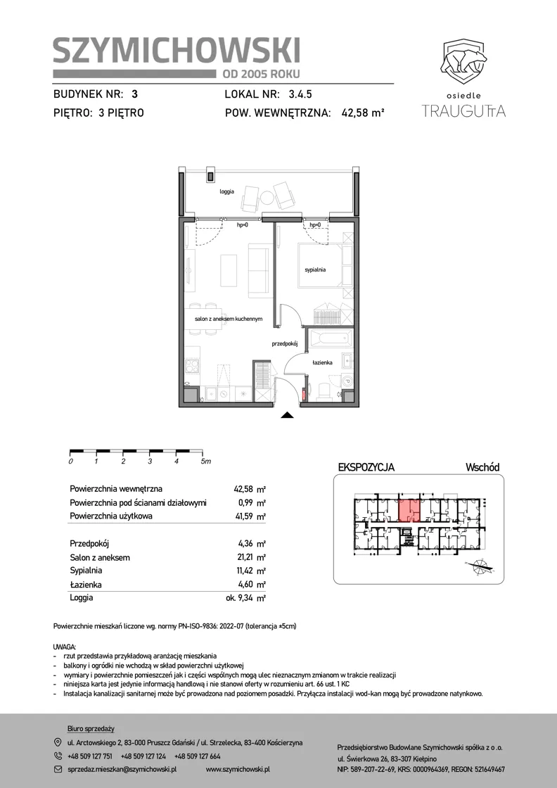 2 pokoje, mieszkanie 42,58 m², piętro 3, oferta nr B3.4.5, Osiedle Traugutta, Kościerzyna, ul. Traugutta