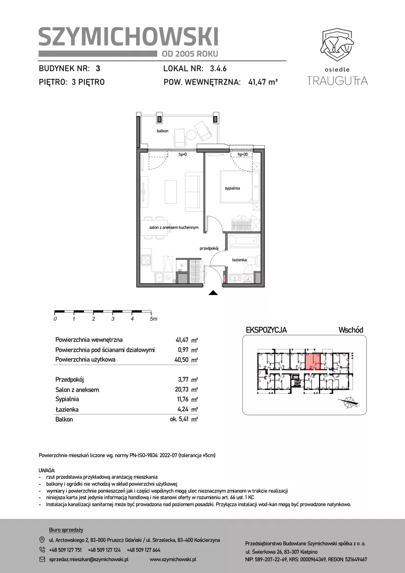 2 pokoje, mieszkanie 41,47 m², piętro 3, oferta nr B3.4.6, Osiedle Traugutta, Kościerzyna, ul. Traugutta