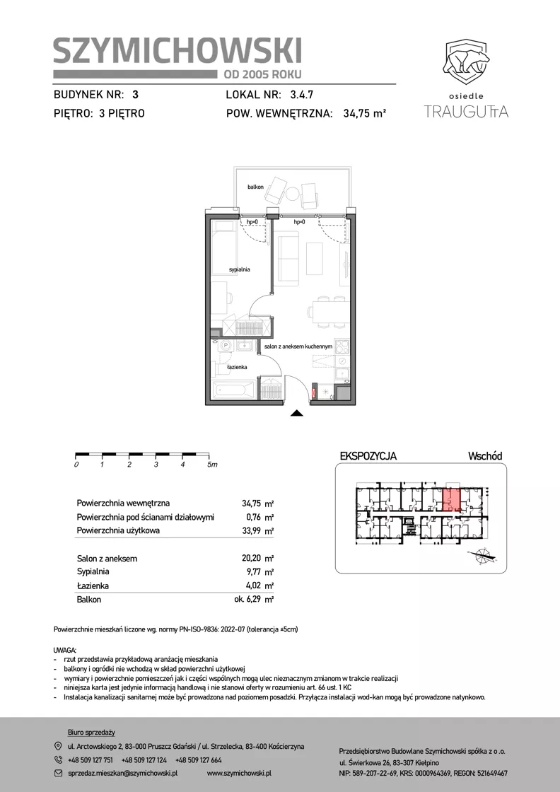 2 pokoje, mieszkanie 34,75 m², piętro 3, oferta nr B3.4.7, Osiedle Traugutta, Kościerzyna, ul. Traugutta
