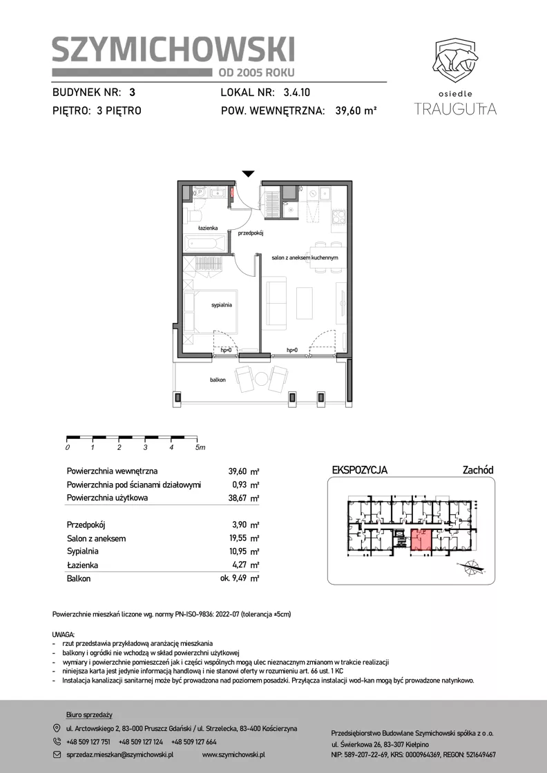 2 pokoje, mieszkanie 39,60 m², piętro 3, oferta nr B3.4.10, Osiedle Traugutta, Kościerzyna, ul. Traugutta