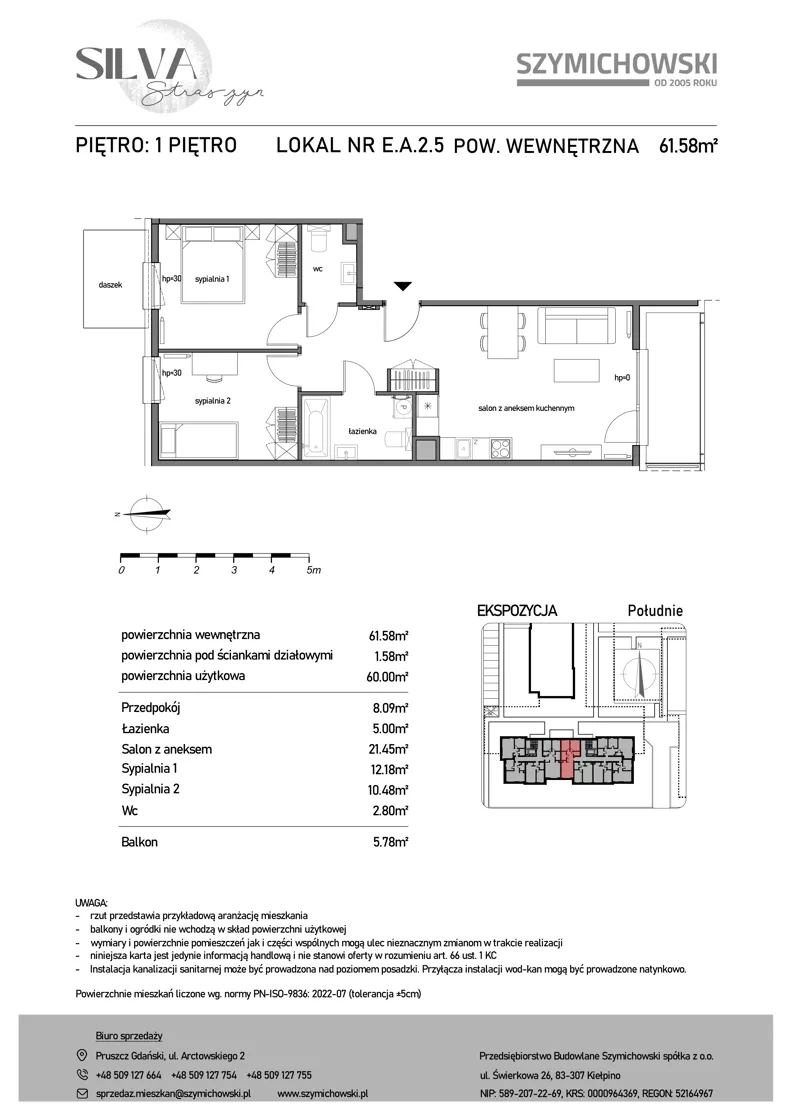 3 pokoje, mieszkanie 61,58 m², piętro 1, oferta nr E.A.2.5, Silva Straszyn - bud E,F, Straszyn, ul. Boczna/Starogardzka