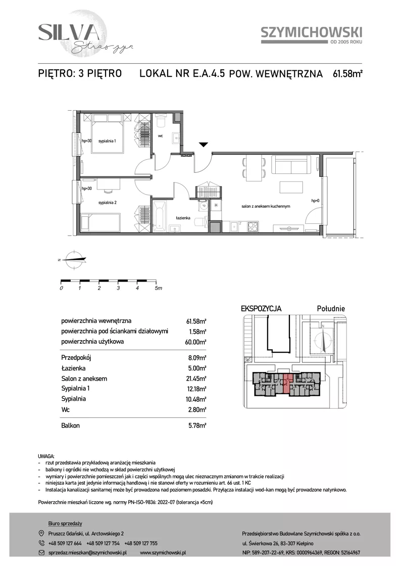 3 pokoje, mieszkanie 61,58 m², piętro 3, oferta nr E.A.4.5, Silva Straszyn - bud E,F, Straszyn, ul. Boczna/Starogardzka