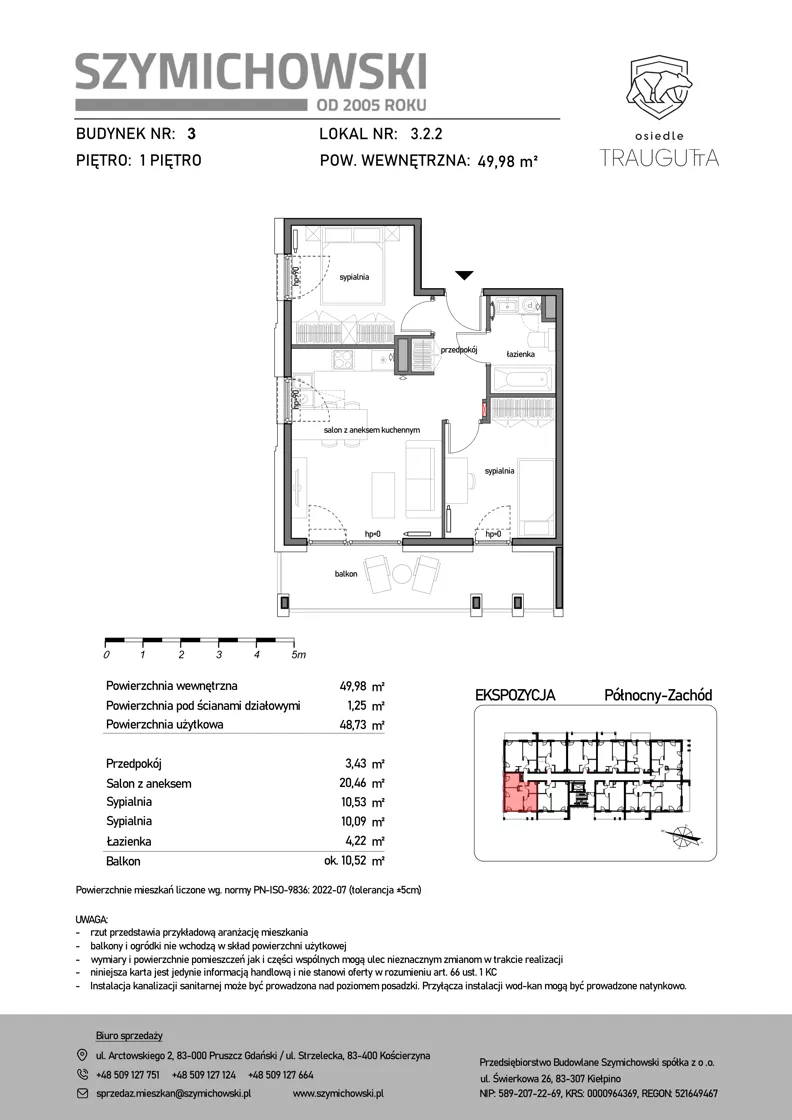 3 pokoje, mieszkanie 49,98 m², piętro 1, oferta nr B3.2.2, Osiedle Traugutta, Kościerzyna, ul. Traugutta