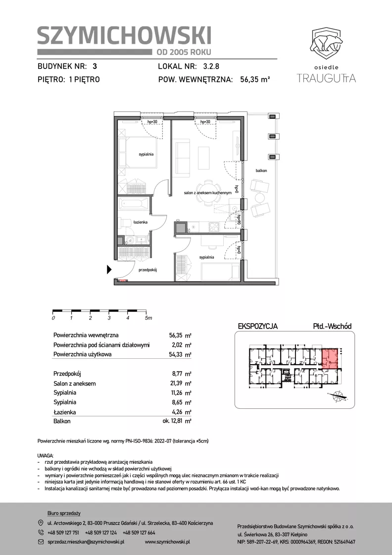 3 pokoje, mieszkanie 56,35 m², piętro 1, oferta nr B3.2.8, Osiedle Traugutta, Kościerzyna, ul. Traugutta
