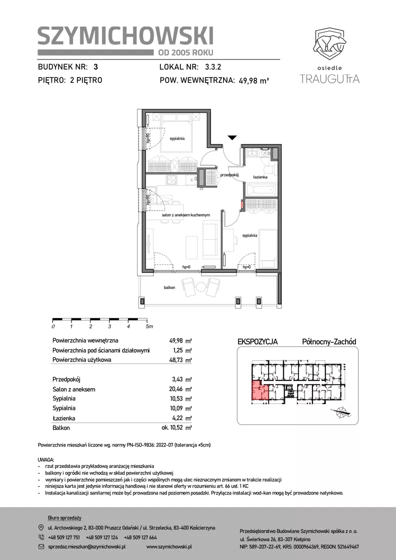 3 pokoje, mieszkanie 49,98 m², piętro 2, oferta nr B3.3.2, Osiedle Traugutta, Kościerzyna, ul. Traugutta