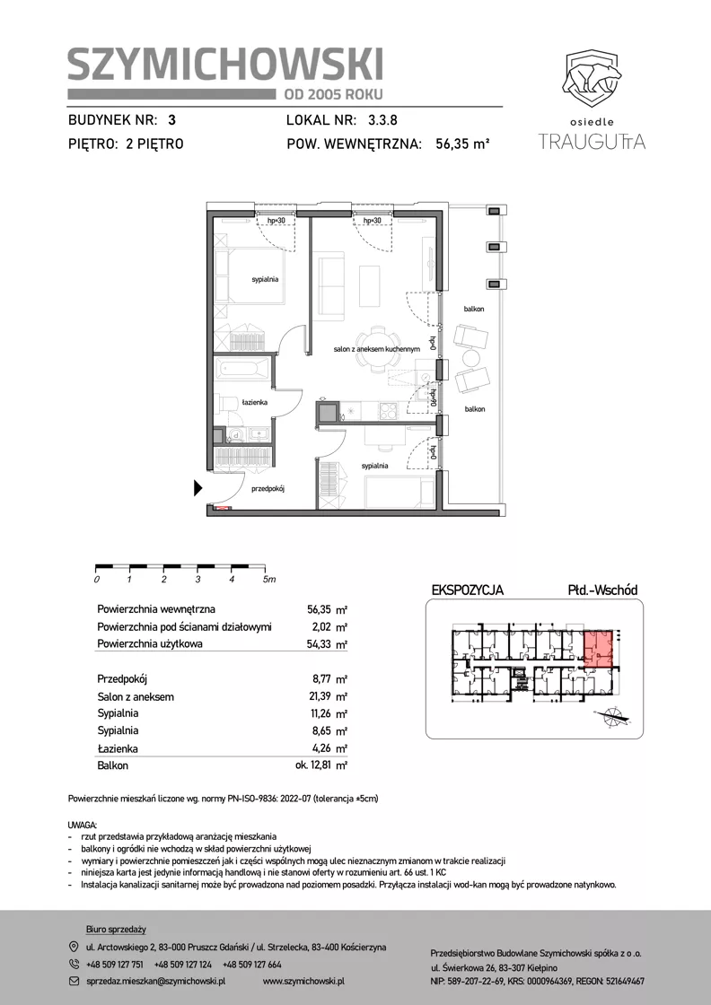 3 pokoje, mieszkanie 56,35 m², piętro 2, oferta nr B3.3.8, Osiedle Traugutta, Kościerzyna, ul. Traugutta