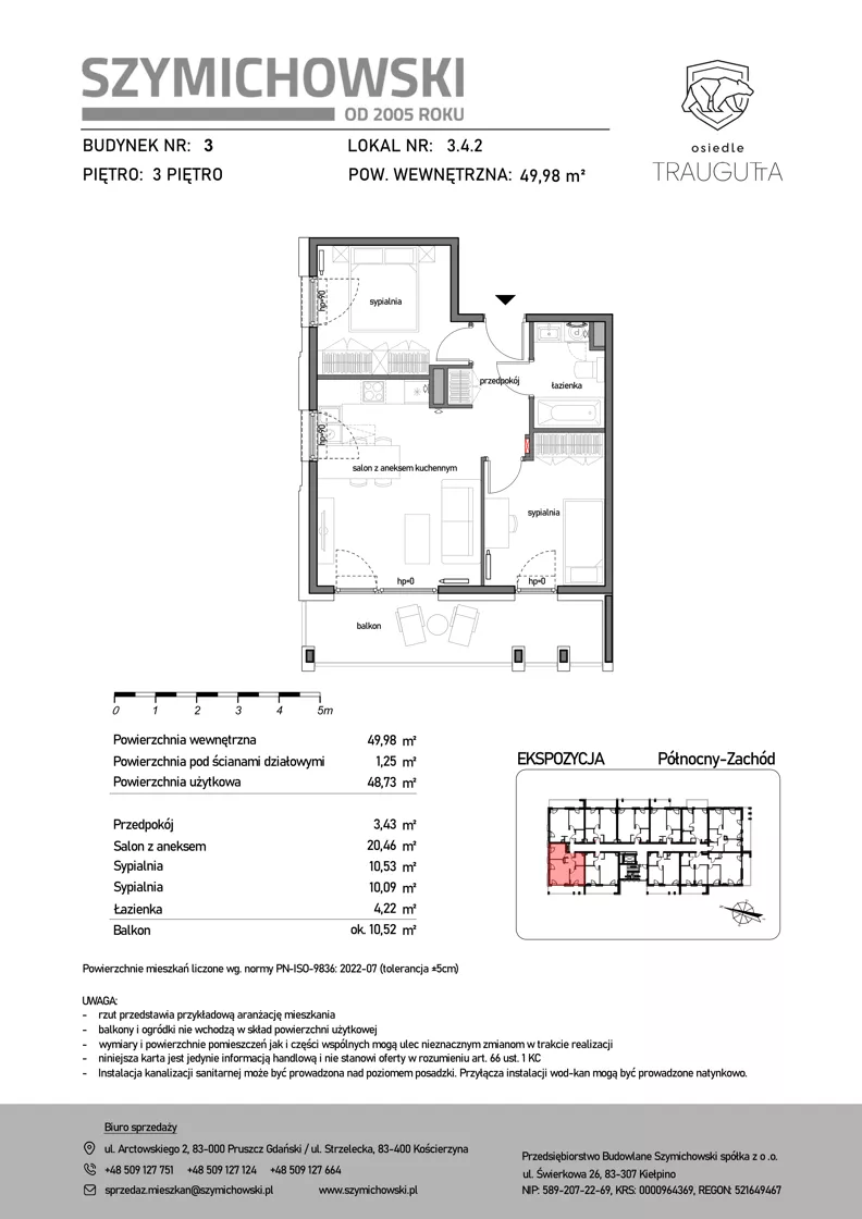 3 pokoje, mieszkanie 49,98 m², piętro 3, oferta nr B3.4.2, Osiedle Traugutta, Kościerzyna, ul. Traugutta