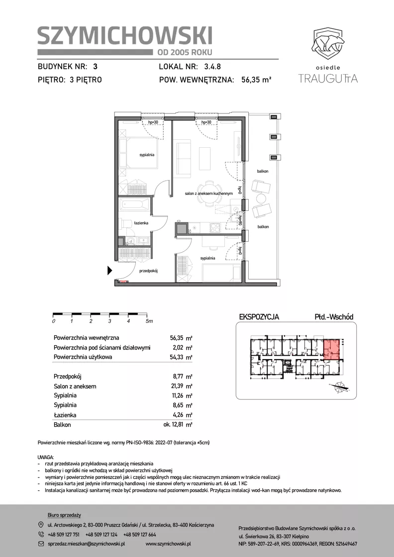 3 pokoje, mieszkanie 56,35 m², piętro 3, oferta nr B3.4.8, Osiedle Traugutta, Kościerzyna, ul. Traugutta