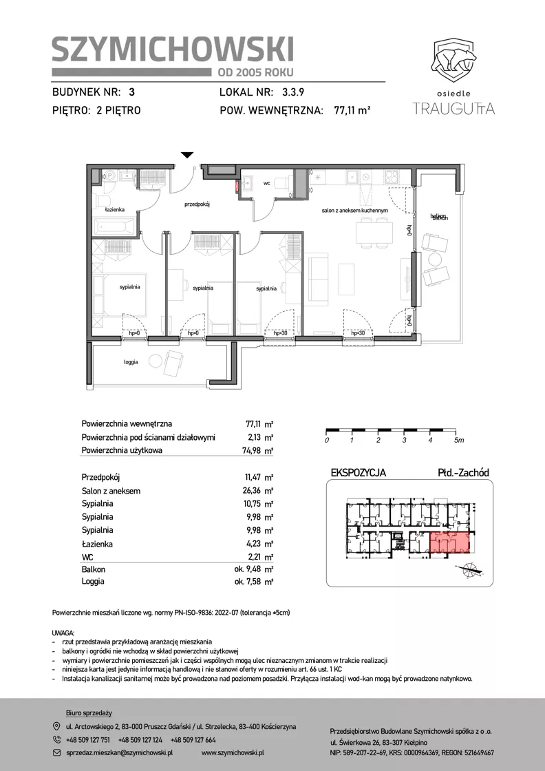 4 pokoje, mieszkanie 77,11 m², piętro 2, oferta nr B3.3.9, Osiedle Traugutta, Kościerzyna, ul. Traugutta