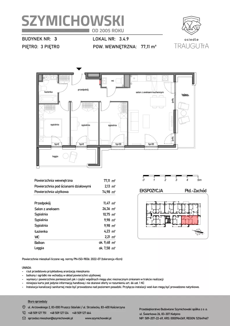 4 pokoje, mieszkanie 77,11 m², piętro 3, oferta nr B3.4.9, Osiedle Traugutta, Kościerzyna, ul. Traugutta
