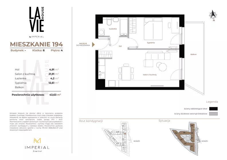 2 pokoje, mieszkanie 43,63 m², piętro 4, oferta nr 1.194, La Vie House, Kraków, Podgórze, ul. Łagiewnicka