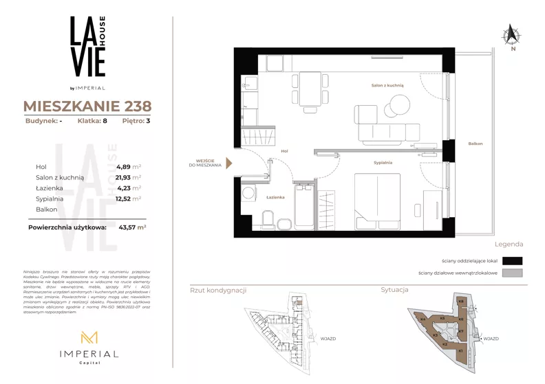 2 pokoje, mieszkanie 43,57 m², piętro 3, oferta nr 1.238, La Vie House, Kraków, Podgórze, ul. Łagiewnicka