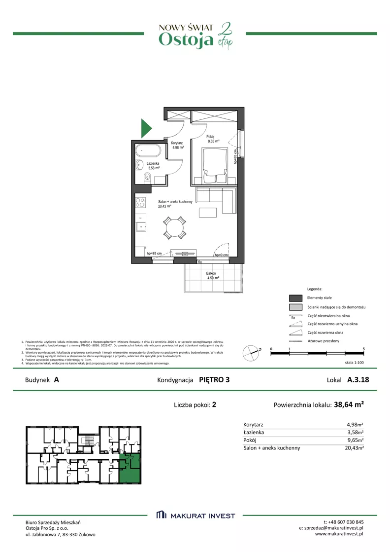2 pokoje, mieszkanie 38,64 m², piętro 3, oferta nr A.3.18, Nowy Świat Ostoja II etap, Gdańsk, Barniewice, ul. Malinowa