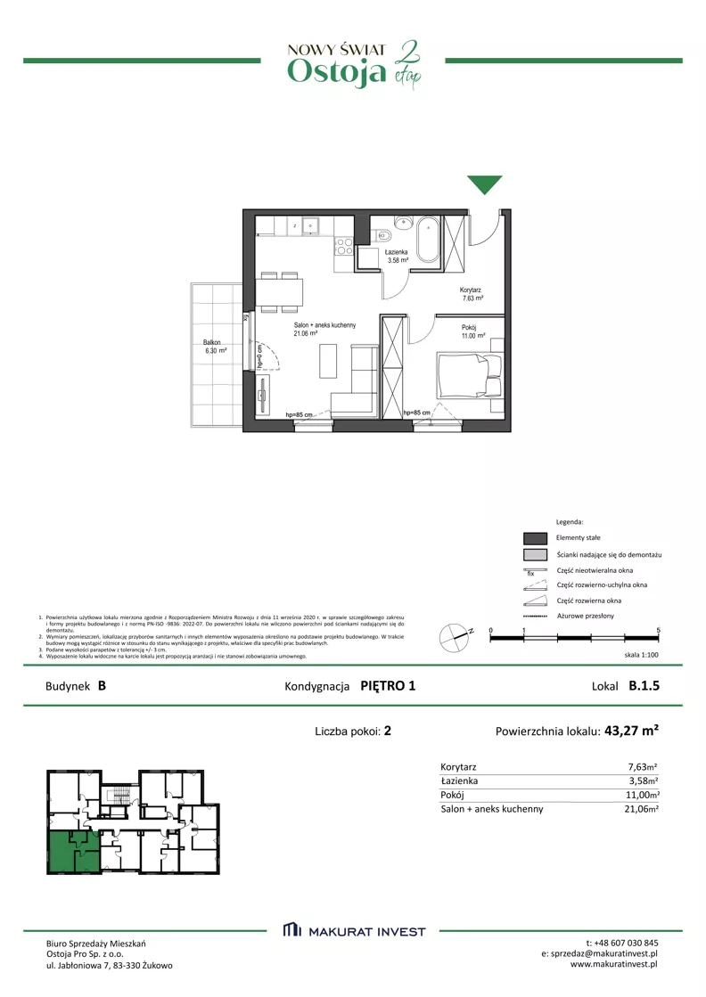 2 pokoje, mieszkanie 43,27 m², piętro 1, oferta nr B.1.5, Nowy Świat Ostoja II etap, Gdańsk, Barniewice, ul. Malinowa