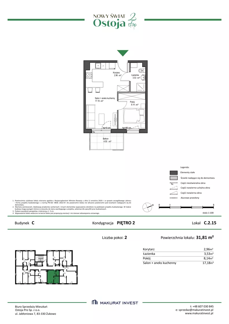 2 pokoje, mieszkanie 31,81 m², piętro 2, oferta nr C.2.15, Nowy Świat Ostoja II etap, Gdańsk, Barniewice, ul. Malinowa