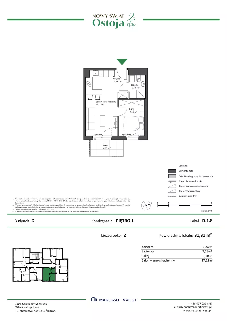 2 pokoje, mieszkanie 31,31 m², piętro 1, oferta nr D.1.8, Nowy Świat Ostoja II etap, Gdańsk, Barniewice, ul. Malinowa