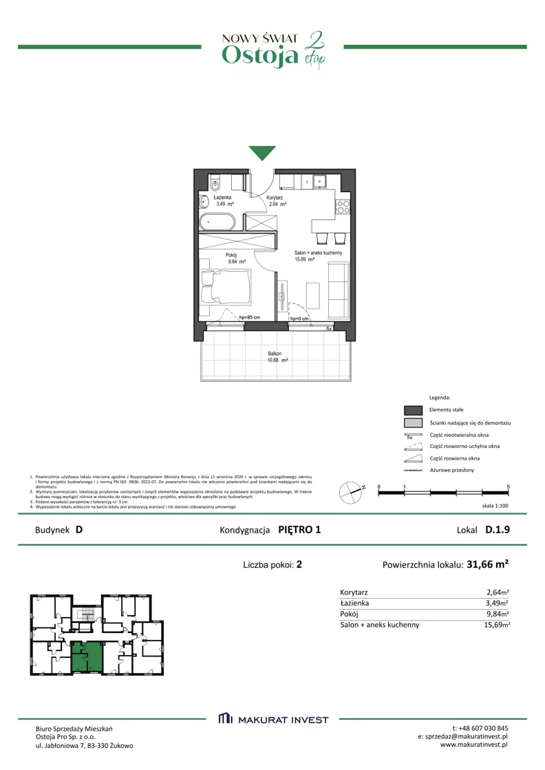 2 pokoje, mieszkanie 31,66 m², piętro 1, oferta nr D.1.9, Nowy Świat Ostoja II etap, Gdańsk, Barniewice, ul. Malinowa