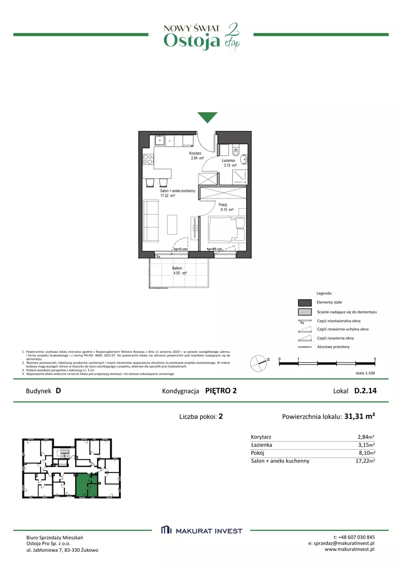 2 pokoje, mieszkanie 31,31 m², piętro 2, oferta nr D.2.14, Nowy Świat Ostoja II etap, Gdańsk, Barniewice, ul. Malinowa