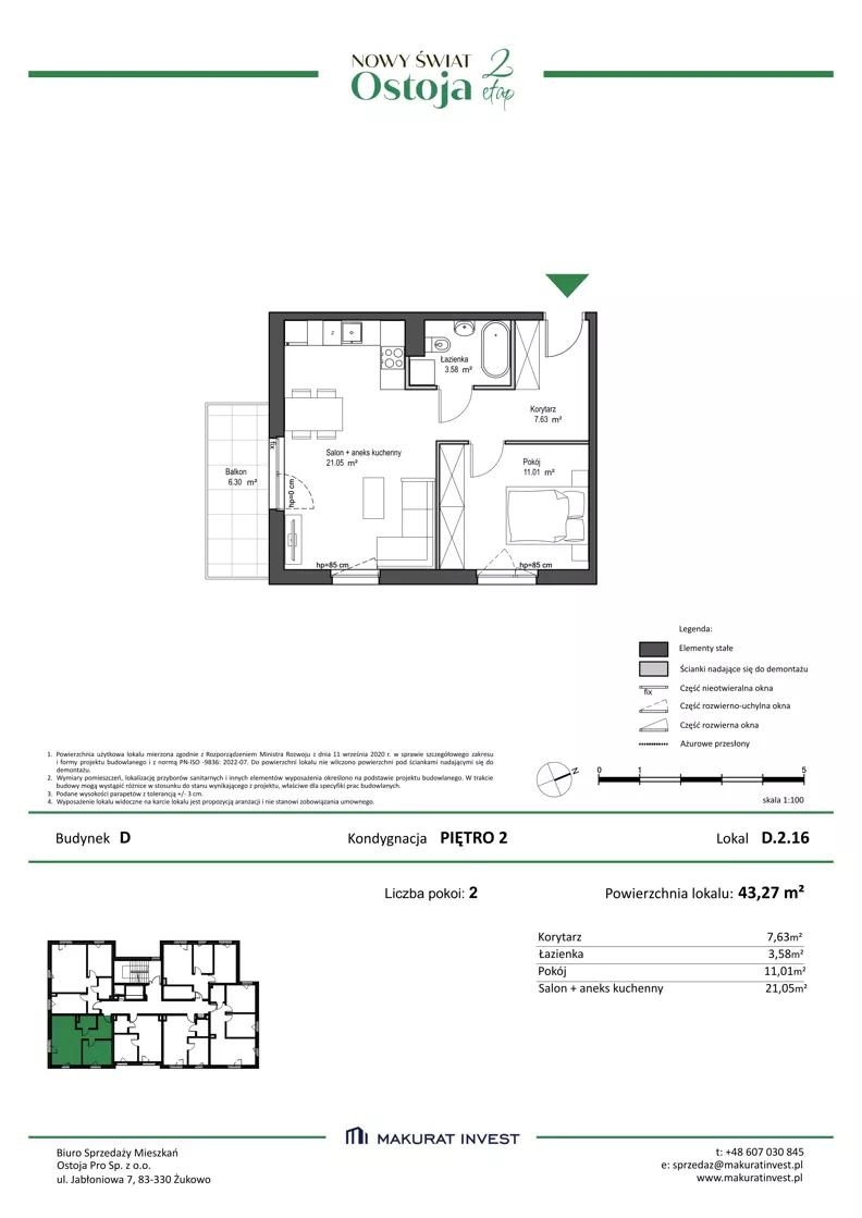 2 pokoje, mieszkanie 43,27 m², piętro 2, oferta nr D.2.16, Nowy Świat Ostoja II etap, Gdańsk, Barniewice, ul. Malinowa
