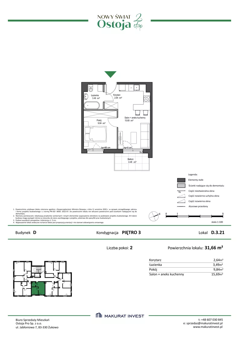 2 pokoje, mieszkanie 31,66 m², piętro 3, oferta nr D.3.21, Nowy Świat Ostoja II etap, Gdańsk, Barniewice, ul. Malinowa