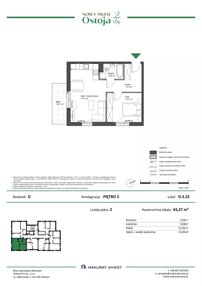 2 pokoje, mieszkanie 43,27 m², piętro 3, oferta nr D.3.22, Nowy Świat Ostoja II etap, Gdańsk, Barniewice, ul. Malinowa