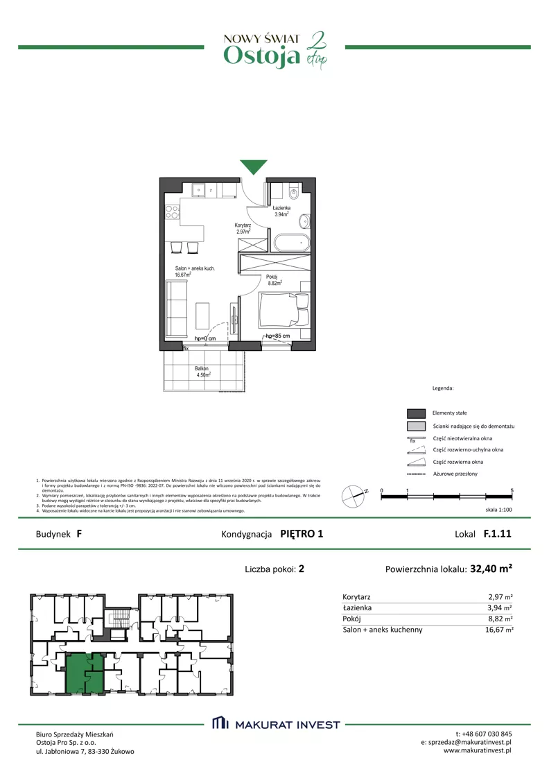 2 pokoje, mieszkanie 32,40 m², piętro 1, oferta nr F.1.11, Nowy Świat Ostoja II etap - budynki E, F, G, Gdańsk, Osowa, Barniewice, ul. Malinowa