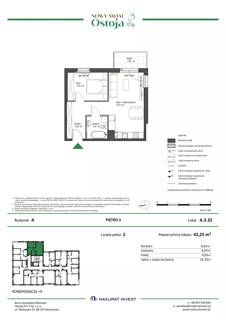 2 pokoje, mieszkanie 42,25 m², piętro 3, oferta nr A.3.32, Nowy Świat Ostoja III etap, Gdańsk, Osowa, Barniewice, ul. Malinowa