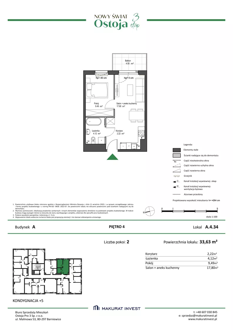 2 pokoje, mieszkanie 33,63 m², piętro 4, oferta nr A.4.34, Nowy Świat Ostoja III etap, Gdańsk, Osowa, Barniewice, ul. Malinowa
