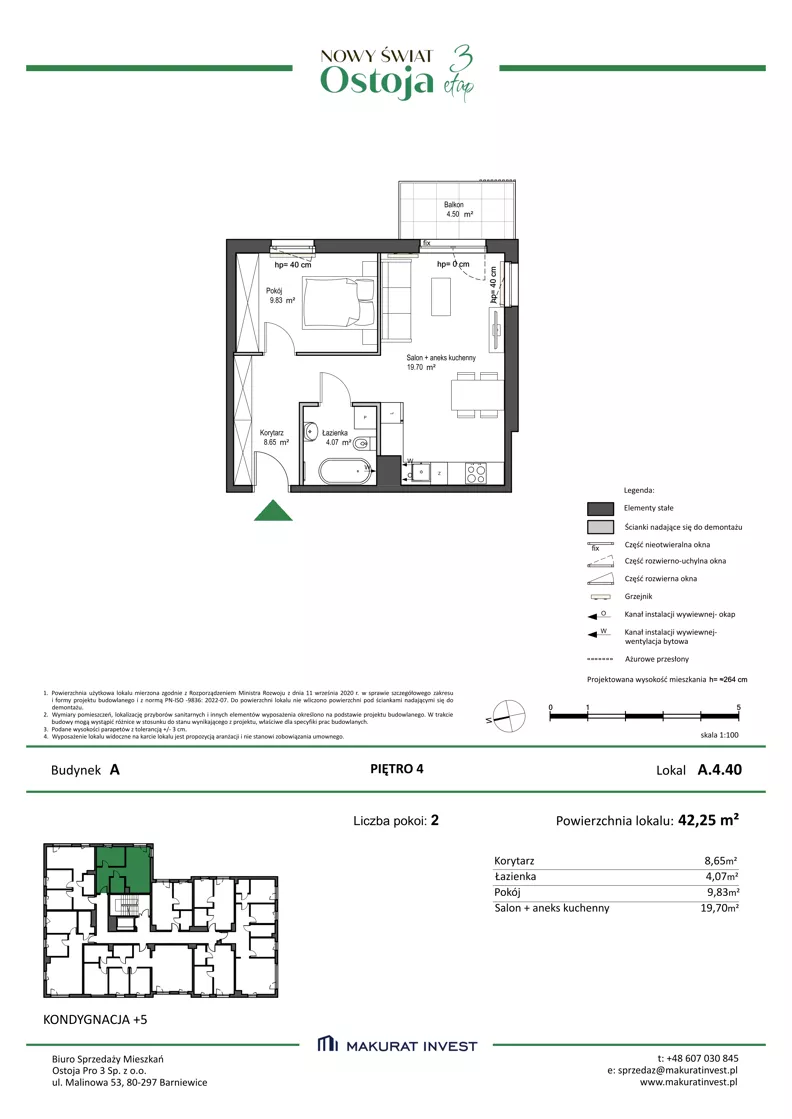 2 pokoje, mieszkanie 42,25 m², piętro 4, oferta nr A.4.40, Nowy Świat Ostoja III etap, Gdańsk, Osowa, Barniewice, ul. Malinowa