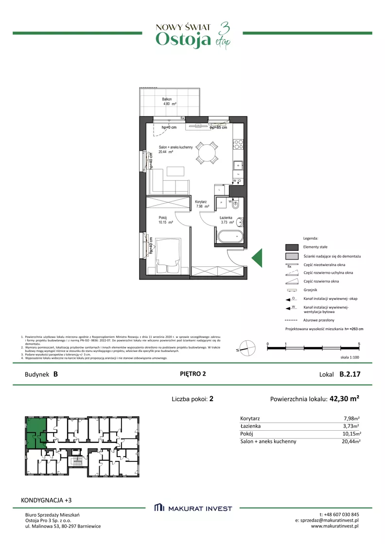 2 pokoje, mieszkanie 42,30 m², piętro 2, oferta nr B.2.17, Nowy Świat Ostoja III etap, Gdańsk, Osowa, Barniewice, ul. Malinowa