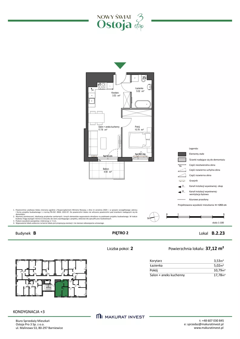 2 pokoje, mieszkanie 37,12 m², piętro 2, oferta nr B.2.23, Nowy Świat Ostoja III etap, Gdańsk, Osowa, Barniewice, ul. Malinowa