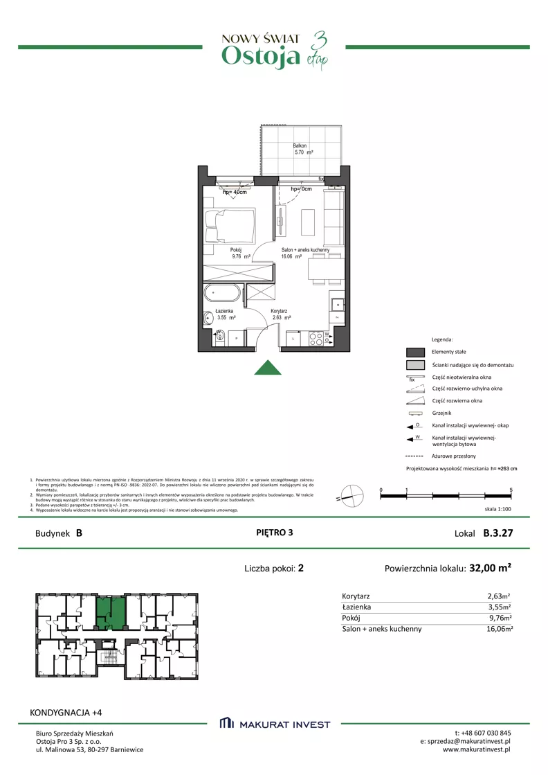 2 pokoje, mieszkanie 32,00 m², piętro 3, oferta nr B.3.27, Nowy Świat Ostoja III etap, Gdańsk, Osowa, Barniewice, ul. Malinowa