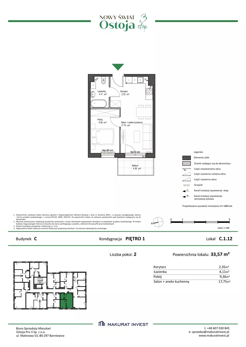 2 pokoje, mieszkanie 33,57 m², piętro 1, oferta nr C.1.12, Nowy Świat Ostoja III etap, Gdańsk, Osowa, Barniewice, ul. Malinowa
