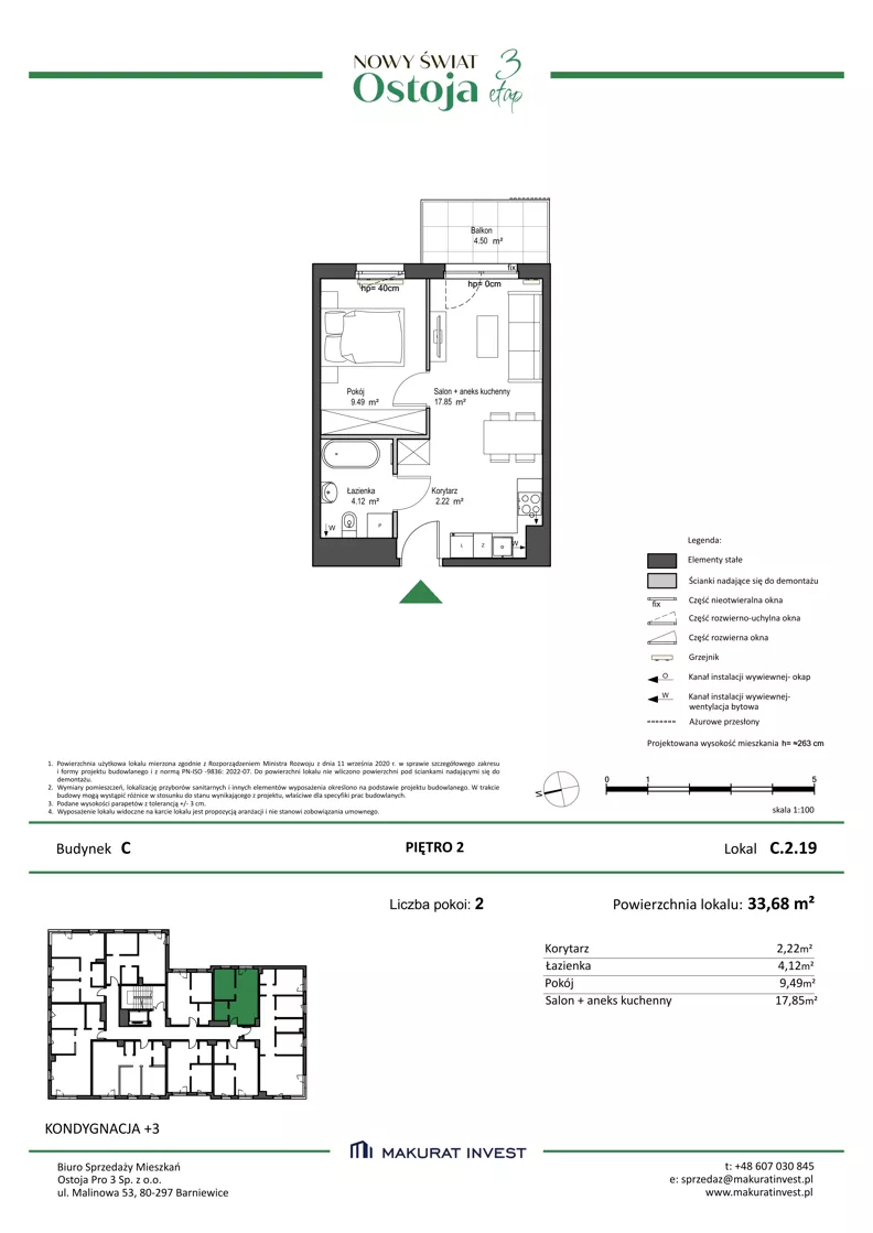 2 pokoje, mieszkanie 33,68 m², piętro 2, oferta nr C.2.19, Nowy Świat Ostoja III etap, Gdańsk, Osowa, Barniewice, ul. Malinowa