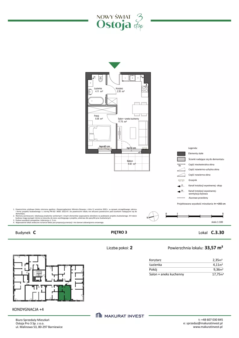 2 pokoje, mieszkanie 33,57 m², piętro 3, oferta nr C.3.30, Nowy Świat Ostoja III etap, Gdańsk, Osowa, Barniewice, ul. Malinowa