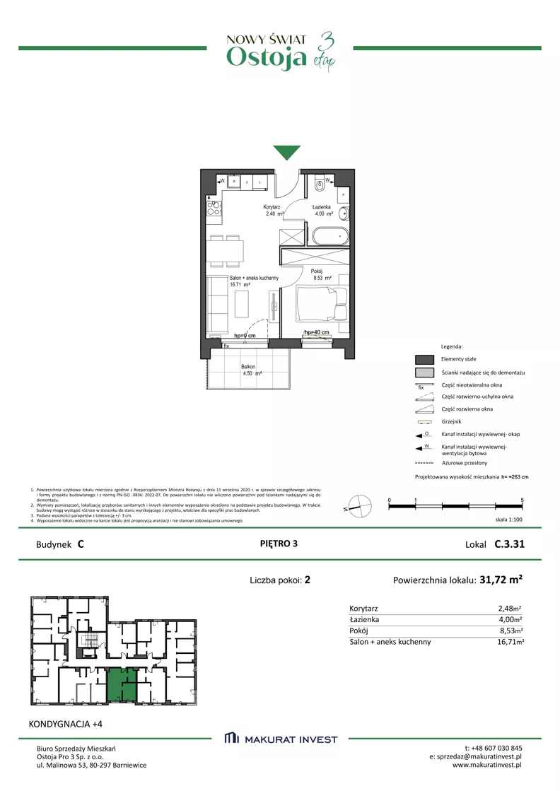 2 pokoje, mieszkanie 31,72 m², piętro 3, oferta nr C.3.31, Nowy Świat Ostoja III etap, Gdańsk, Osowa, Barniewice, ul. Malinowa